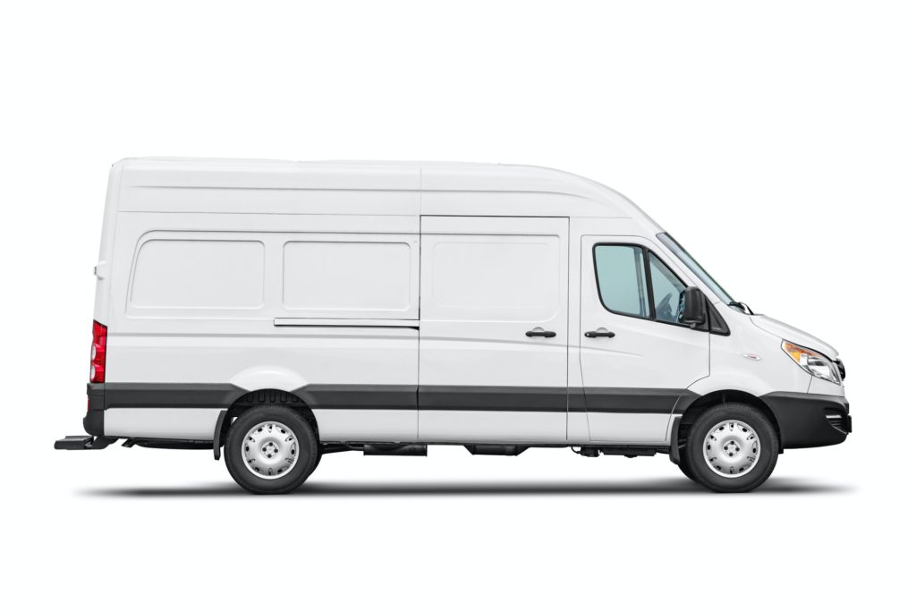 Delivery van side view isolated on a white. Side view of a modern blank cargo minibus.