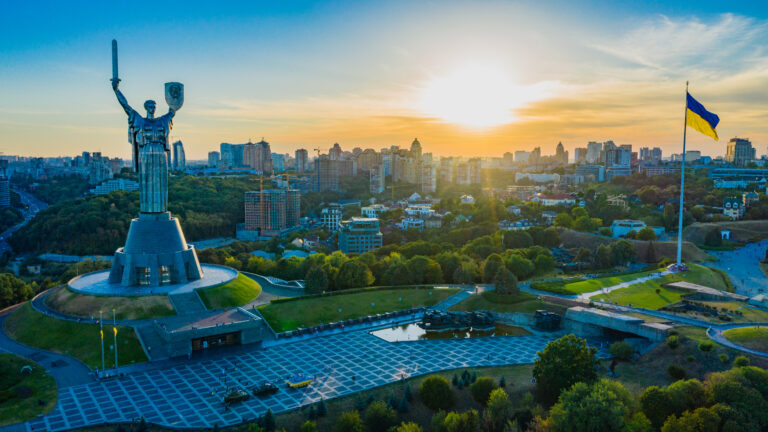 Aerial view to the Motherland statue in the Kiev while summer s